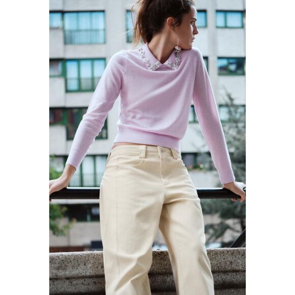 Purple Lilac Zara Pointed Jewel Rhinestone Bead Embellished Collar Knit Sweater - Picture 3 of 7